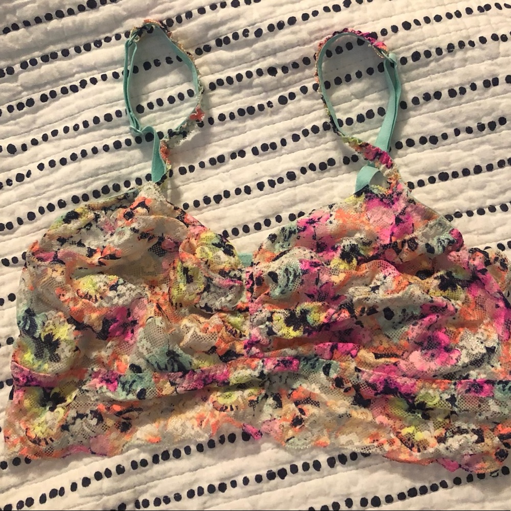 Victoria’s Secret PINK Bralette, Abstract Neon Print, Stretch Lace, Large